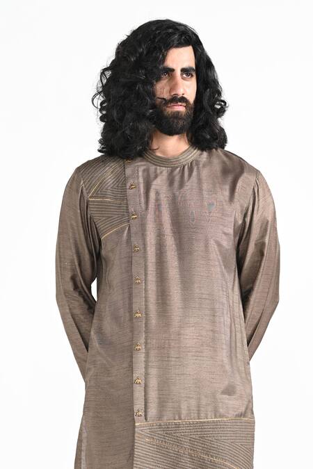 Kalpana Naik_Brown Bemberg, Silk, Cotton Embroidery Dark Oak Hand Kurta Set _at_Aza_Fashions