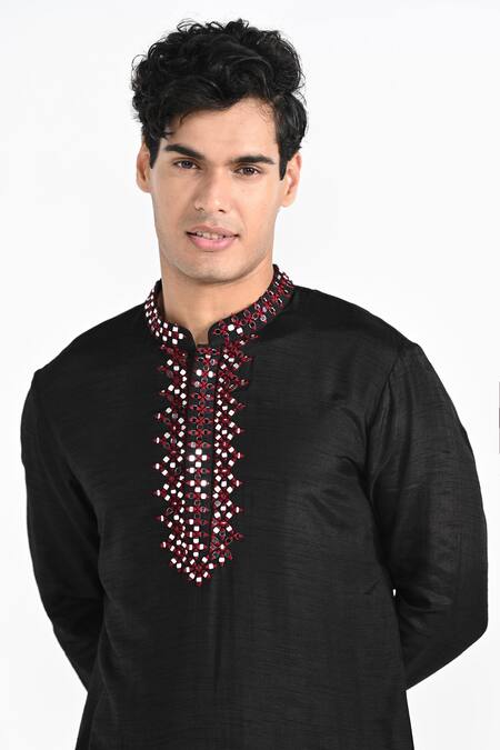 Kalpana Naik_Black Bemberg, Silk, Cotton Embroidery, Mirrors And Thread Kurta Set _at_Aza_Fashions