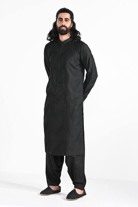 Shop_Kalpana Naik_Black Bemberg Pintucks Kurta And Salwar Set _Online_at_Aza_Fashions