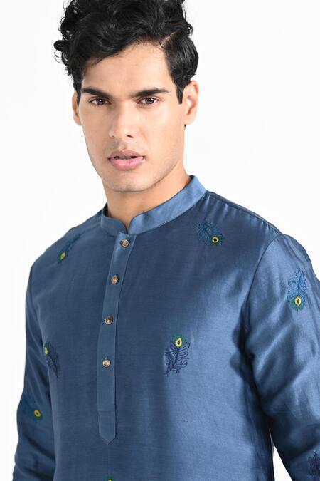 Shop_Kalpana Naik_Blue Bemberg, Silk Embroidery Merlin Hand Kurta Set _Online_at_Aza_Fashions