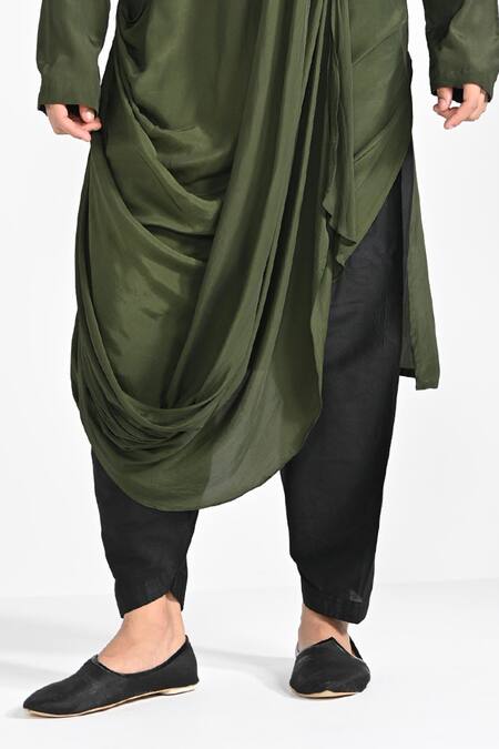 Kalpana Naik_Olive Green Crepe, Cotton Embroidery Dollar Bill Kurta Set _Online_at_Aza_Fashions