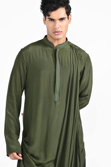 Shop_Kalpana Naik_Olive Green Crepe, Cotton Embroidery Dollar Bill Kurta Set _Online_at_Aza_Fashions