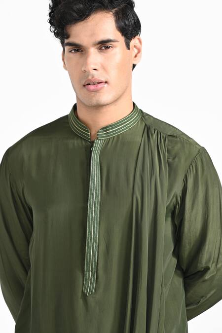 Kalpana Naik_Olive Green Crepe, Cotton Embroidery Dollar Bill Kurta Set _at_Aza_Fashions