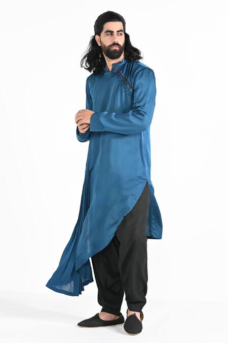 Kalpana Naik_Blue Bemberg, Silk Embroidery Denim Hand Kurta Set _Online_at_Aza_Fashions