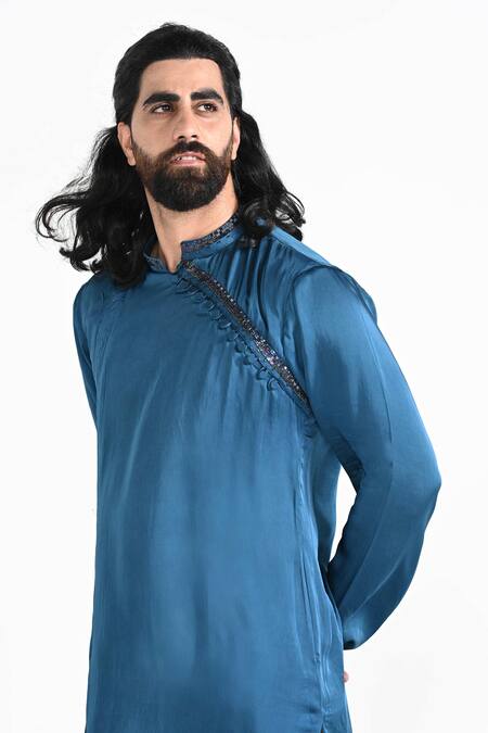 Kalpana Naik_Blue Bemberg, Silk Embroidery Denim Hand Kurta Set _at_Aza_Fashions