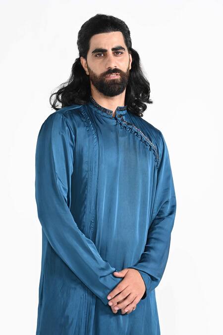 Buy_Kalpana Naik_Blue Bemberg, Silk Embroidery Denim Hand Kurta Set 