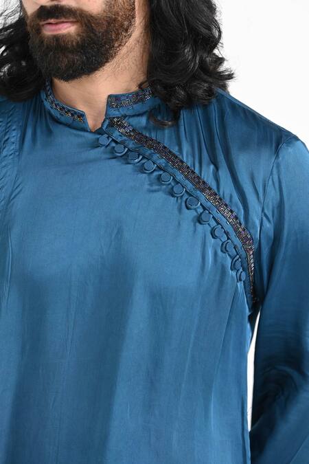 Shop_Kalpana Naik_Blue Bemberg, Silk Embroidery Denim Hand Kurta Set 