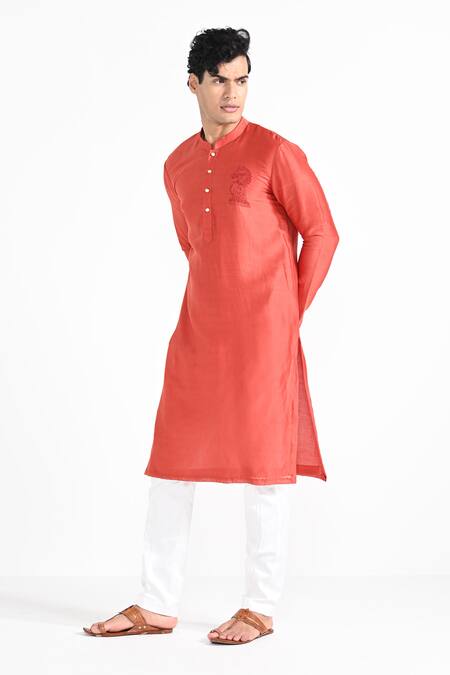 Shop_Kalpana Naik_Orange Chanderi Silk, Cotton Embroidery Tangy Hand Kurta Set _Online_at_Aza_Fashions