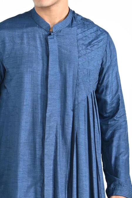 Kalpana Naik_Blue Bemberg, Silk, Cotton Embroidery Victorian Pleated Kurta And Pant Set _Online_at_Aza_Fashions
