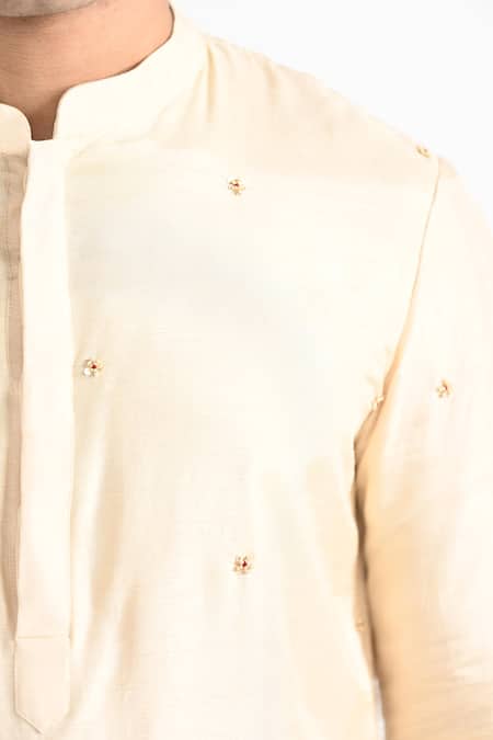 Shop_Kalpana Naik_Cream Bemberg, Silk, Cotton Embroidery Rajasthani Floral Hand Kurta Set _Online_at_Aza_Fashions