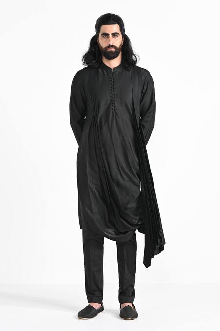 Kalpana Naik_Black Bemberg, Silk, Cotton Embroidery Jet Asymmetric Kurta Set _Online_at_Aza_Fashions