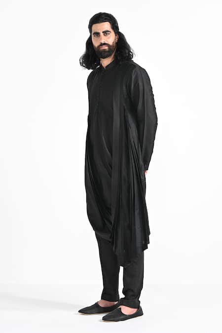 Buy_Kalpana Naik_Black Bemberg, Silk, Cotton Embroidery Jet Asymmetric Kurta Set _Online_at_Aza_Fashions