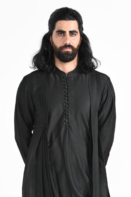 Kalpana Naik_Black Bemberg, Silk, Cotton Embroidery Jet Asymmetric Kurta Set _at_Aza_Fashions