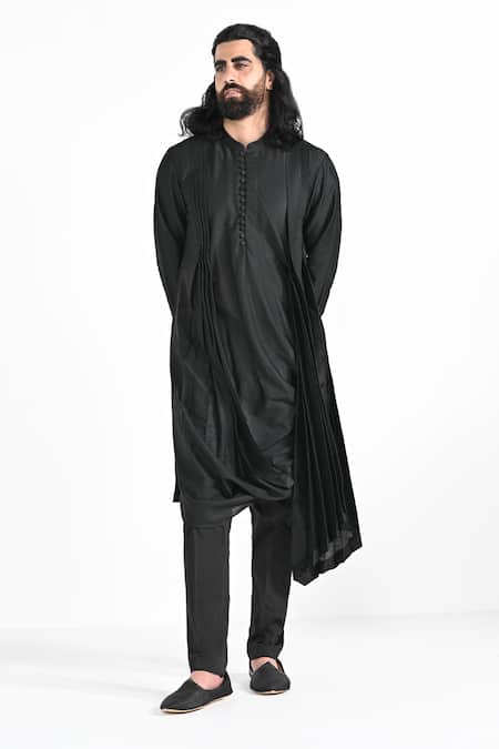 Buy_Kalpana Naik_Black Bemberg, Silk, Cotton Embroidery Jet Asymmetric Kurta Set 