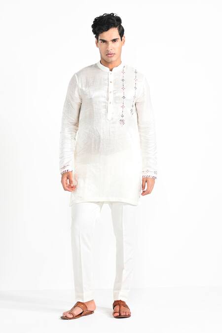 Kalpana Naik_Ivory Linen, Satin, Cotton Embroidery Hand Kurta Set _Online_at_Aza_Fashions