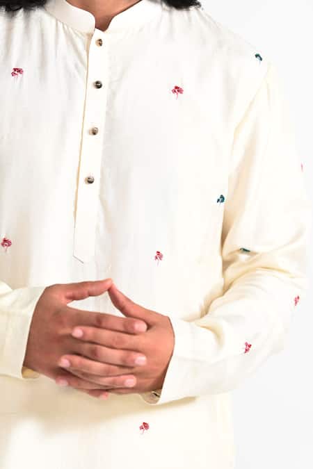 Kalpana Naik_Ivory Bemberg, Silk, Cotton Embroidery Shalimaar Butta Hand Kurta Set _Online_at_Aza_Fashions