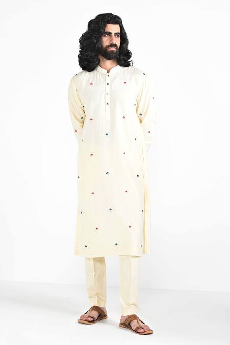 Shop_Kalpana Naik_Ivory Bemberg, Silk, Cotton Embroidery Shalimaar Butta Hand Kurta Set _Online_at_Aza_Fashions