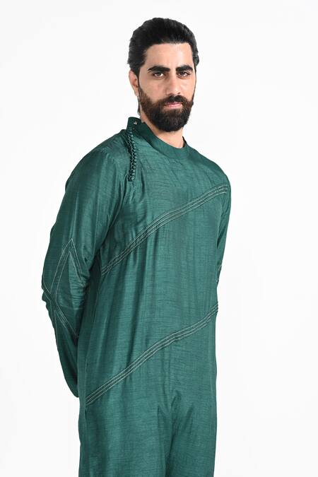 Shop_Kalpana Naik_Green Bemberg, Silk, Cotton Embroidery Bottle Hand Kurta Set _Online_at_Aza_Fashions