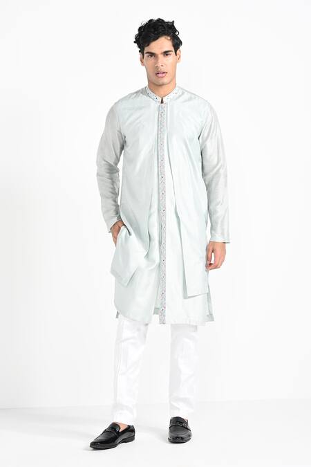 Shop_Kalpana Naik_Blue Bemberg, Silk, Cotton Embroidery Ice Hand Kurta And Pant Set _Online_at_Aza_Fashions