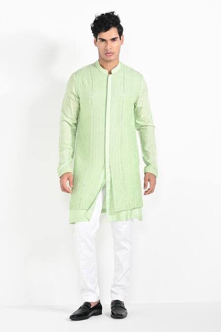 Buy_Kalpana Naik_Green Bemberg, Silk, Cotton Embroidery Pistachio Hand Kurta Set _Online_at_Aza_Fashions