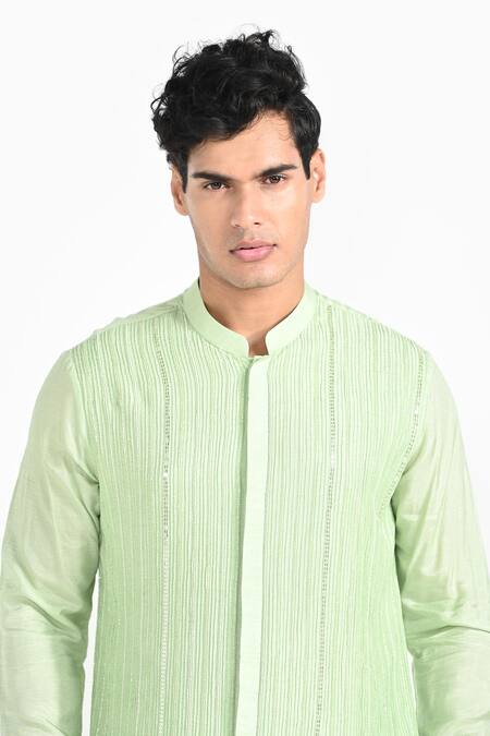 Shop_Kalpana Naik_Green Bemberg, Silk, Cotton Embroidery Pistachio Hand Kurta Set _Online_at_Aza_Fashions