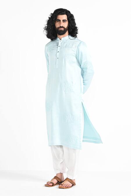 Kalpana Naik_Mint Satin, Linen, Cotton Embroidery Blue Hand Kurta Set _Online_at_Aza_Fashions