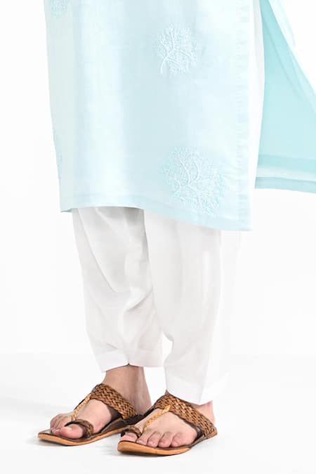 Buy_Kalpana Naik_Mint Satin, Linen, Cotton Embroidery Blue Hand Kurta Set _Online_at_Aza_Fashions