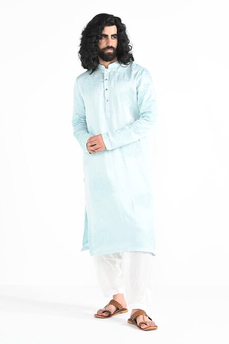 Shop_Kalpana Naik_Mint Satin, Linen, Cotton Embroidery Blue Hand Kurta Set _Online_at_Aza_Fashions