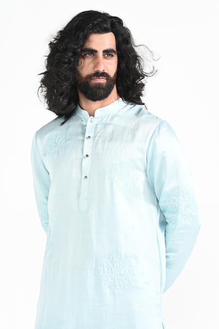 Kalpana Naik_Mint Satin, Linen, Cotton Embroidery Blue Hand Kurta Set _at_Aza_Fashions