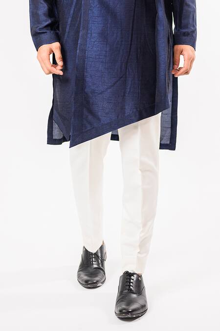 Kalpana Naik_Blue Bemberg, Silk, Cotton Navy Hand Asymmetric Kurta Set _Online_at_Aza_Fashions