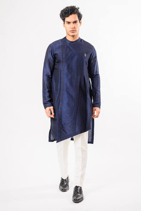 Buy_Kalpana Naik_Blue Bemberg, Silk, Cotton Navy Hand Asymmetric Kurta Set _Online_at_Aza_Fashions