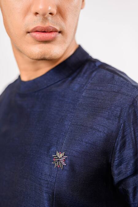 Shop_Kalpana Naik_Blue Bemberg, Silk, Cotton Navy Hand Asymmetric Kurta Set _Online_at_Aza_Fashions