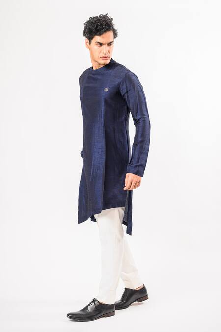 Kalpana Naik_Blue Bemberg, Silk, Cotton Navy Hand Asymmetric Kurta Set _at_Aza_Fashions