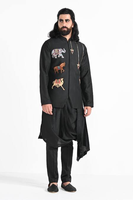 Shop_Kalpana Naik_Black Bemberg, Silk, Cotton Rajasthani Trotting Nehru Jacket And Kurta Set _Online_at_Aza_Fashions