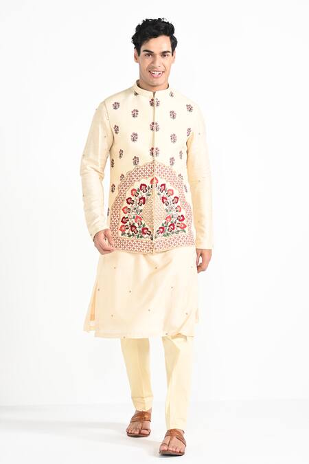 Kalpana Naik_Cream Bemberg, Silk, Cotton Embroidery Rajasthani Floral Bundi And Kurta Set _Online_at_Aza_Fashions