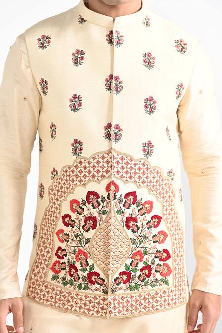 Buy_Kalpana Naik_Cream Bemberg, Silk, Cotton Embroidery Rajasthani Floral Bundi And Kurta Set _Online_at_Aza_Fashions