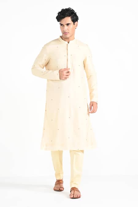 Shop_Kalpana Naik_Cream Bemberg, Silk, Cotton Embroidery Rajasthani Floral Bundi And Kurta Set _Online_at_Aza_Fashions