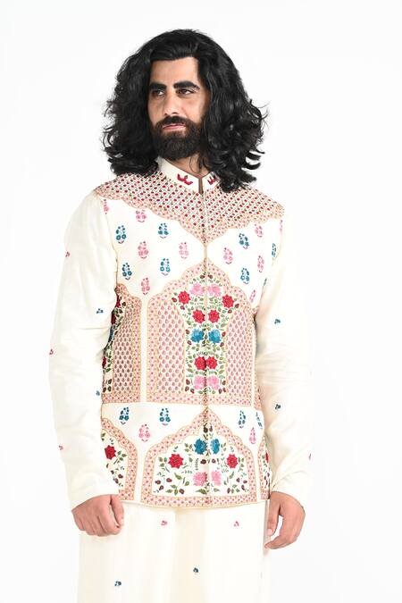 Shop_Kalpana Naik_Ivory Bemberg, Silk, Cotton Embroidery Shalimar Floral Nehru Jacket And Kurta Set _Online_at_Aza_Fashions