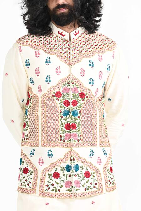 Kalpana Naik_Ivory Bemberg, Silk, Cotton Embroidery Shalimar Floral Nehru Jacket And Kurta Set _at_Aza_Fashions