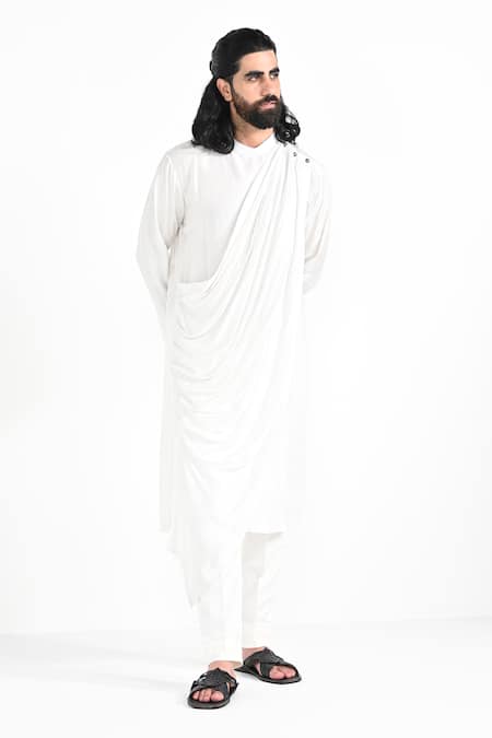 Kalpana Naik_Ivory Bemberg, Silk, Cotton Embroidery Rajasthani Peacock Nehru Jacket Set _Online_at_Aza_Fashions