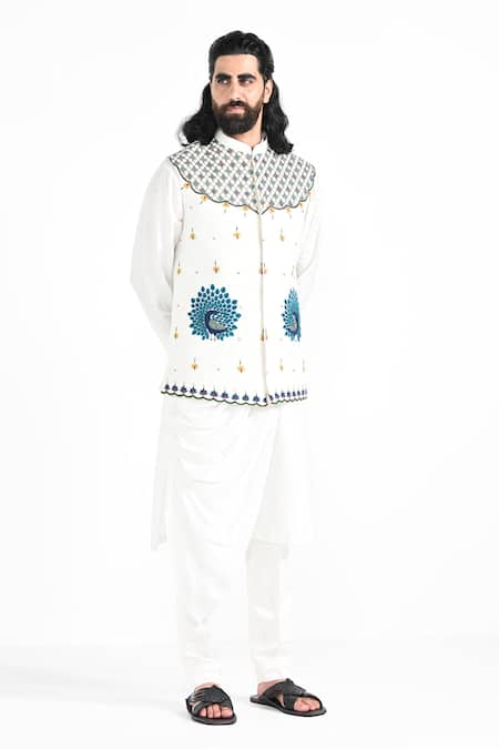 Shop_Kalpana Naik_Ivory Bemberg, Silk, Cotton Embroidery Rajasthani Peacock Nehru Jacket Set _Online_at_Aza_Fashions
