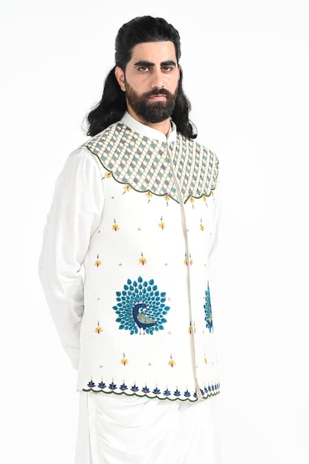 Kalpana Naik_Ivory Bemberg, Silk, Cotton Embroidery Rajasthani Peacock Nehru Jacket Set _at_Aza_Fashions