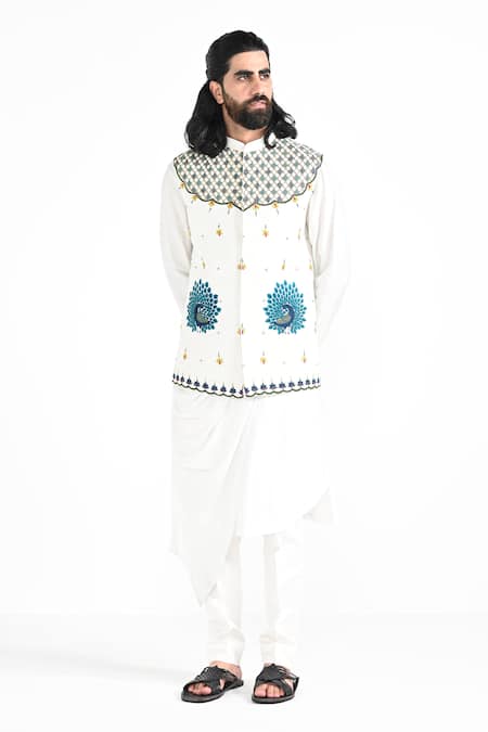 Buy_Kalpana Naik_Ivory Bemberg, Silk, Cotton Embroidery Rajasthani Peacock Nehru Jacket Set 
