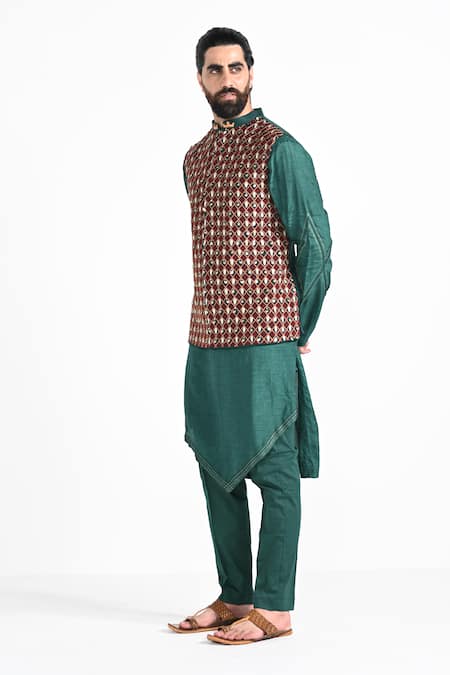 Shop_Kalpana Naik_Red Modal, Satin, Bemberg, Silk, Cotton Jhaal Work Criss Cross Bundi Kurta Set 