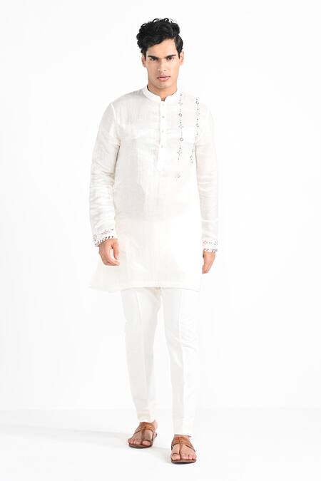 Buy_Kalpana Naik_Ivory Linen, Satin, Cotton Embroidery Phulkari Nehru Jacket Set _Online_at_Aza_Fashions
