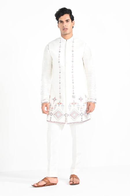 Shop_Kalpana Naik_Ivory Linen, Satin, Cotton Embroidery Phulkari Nehru Jacket Set _Online_at_Aza_Fashions