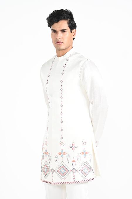 Kalpana Naik_Ivory Linen, Satin, Cotton Embroidery Phulkari Nehru Jacket Set _at_Aza_Fashions