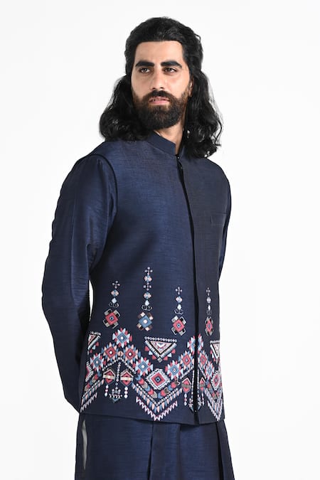 Buy_Kalpana Naik_Navy Bemberg, Silk, Cotton Embroidery, Beads Phulkari Nehru Jacket Set _Online_at_Aza_Fashions