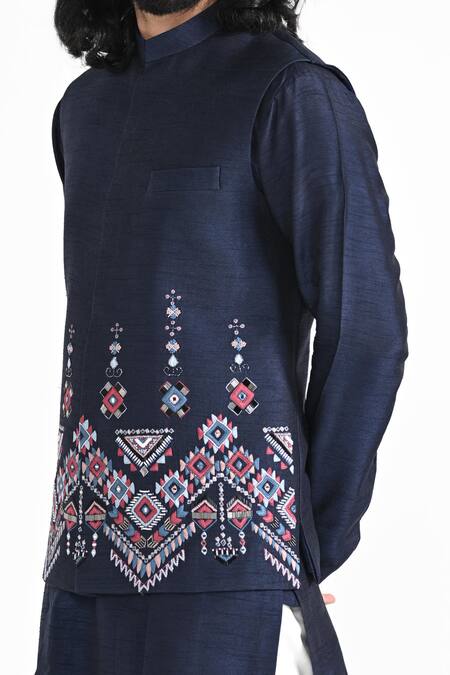 Shop_Kalpana Naik_Navy Bemberg, Silk, Cotton Embroidery, Beads Phulkari Nehru Jacket Set _Online_at_Aza_Fashions