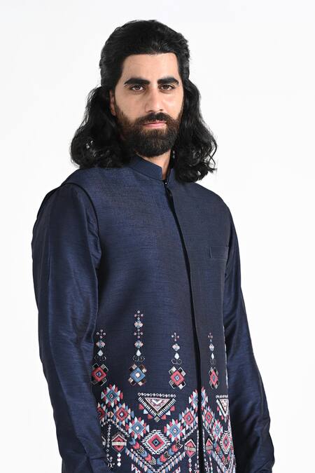 Kalpana Naik_Navy Bemberg, Silk, Cotton Embroidery, Beads Phulkari Nehru Jacket Set _at_Aza_Fashions